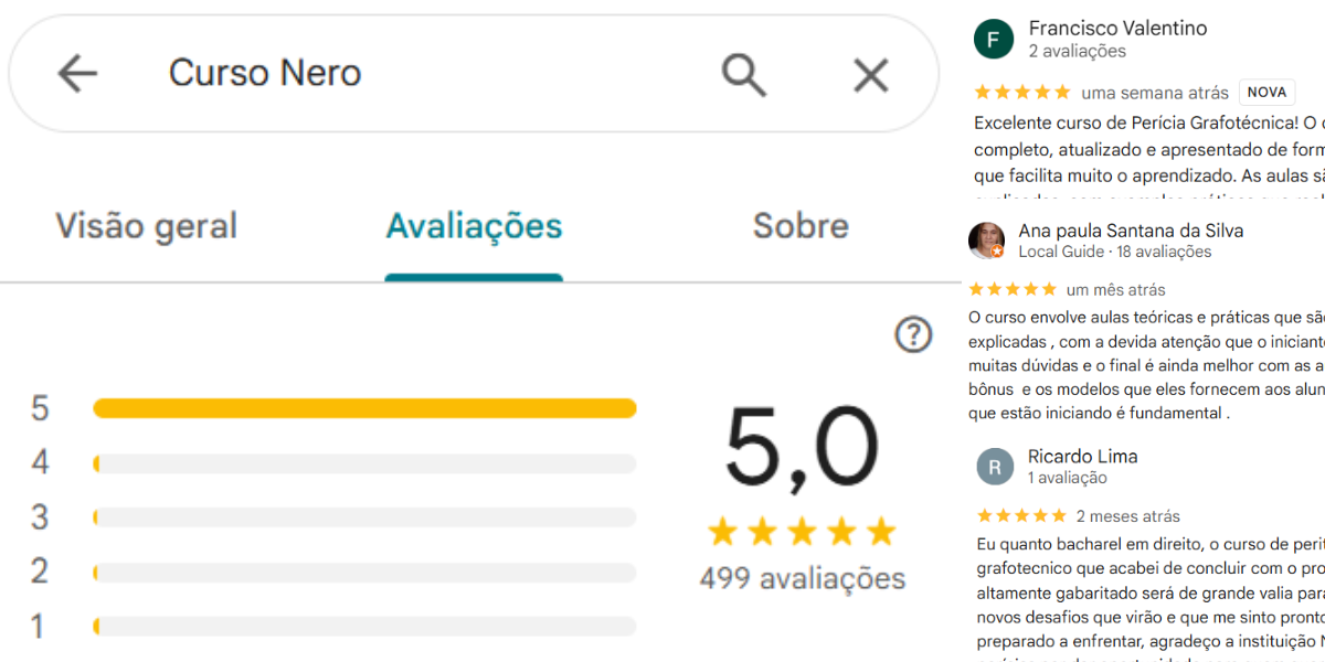 Avaliações 5 estrelas do Curso de Perito Grafotécnico da Nero Perícias