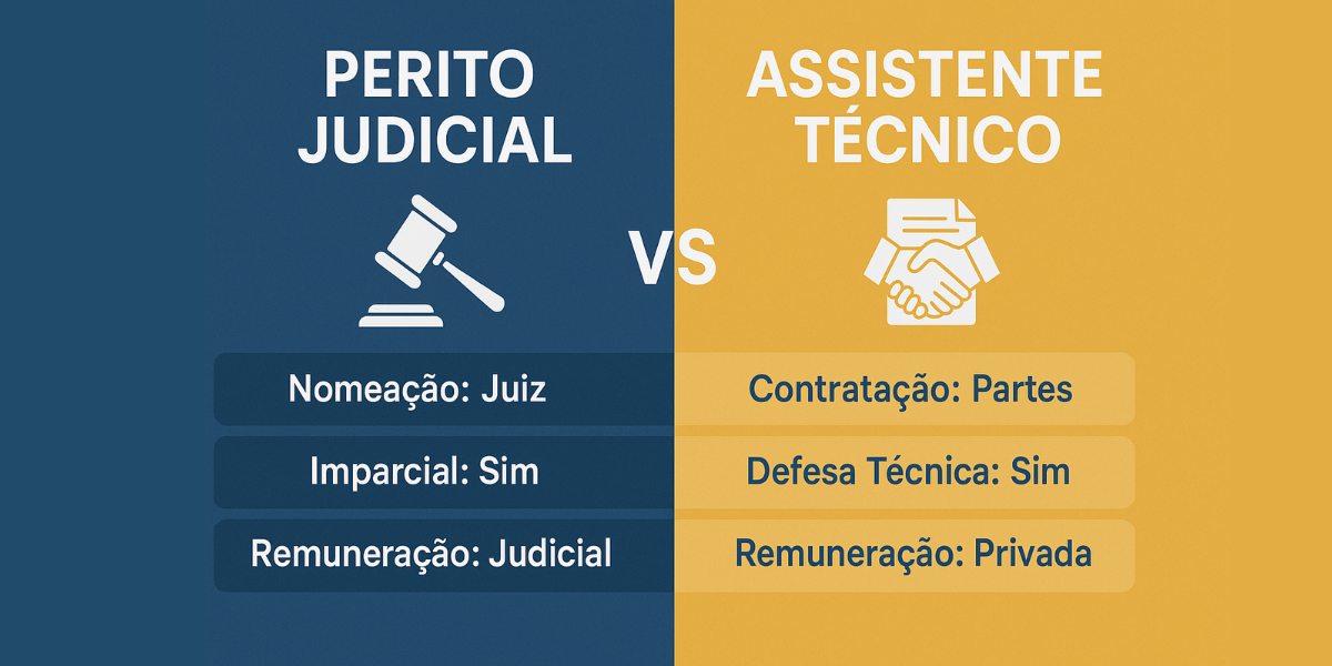 Infográfico comparando as funções de perito judicial e assistente técnico