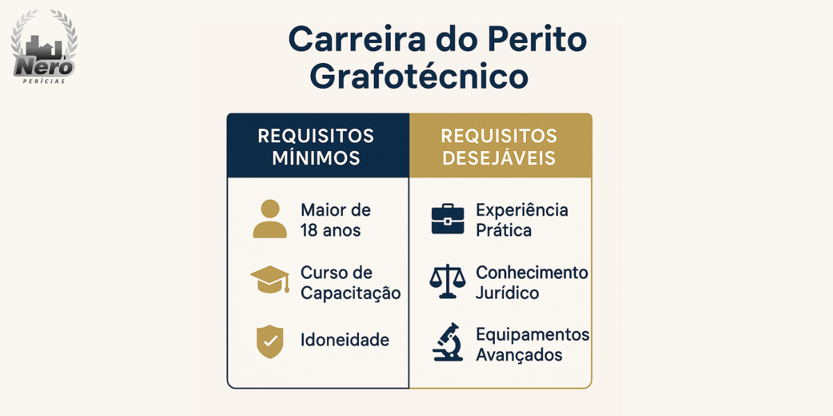 Infográfico comparando requisitos mínimos e desejáveis para perito grafotécnico