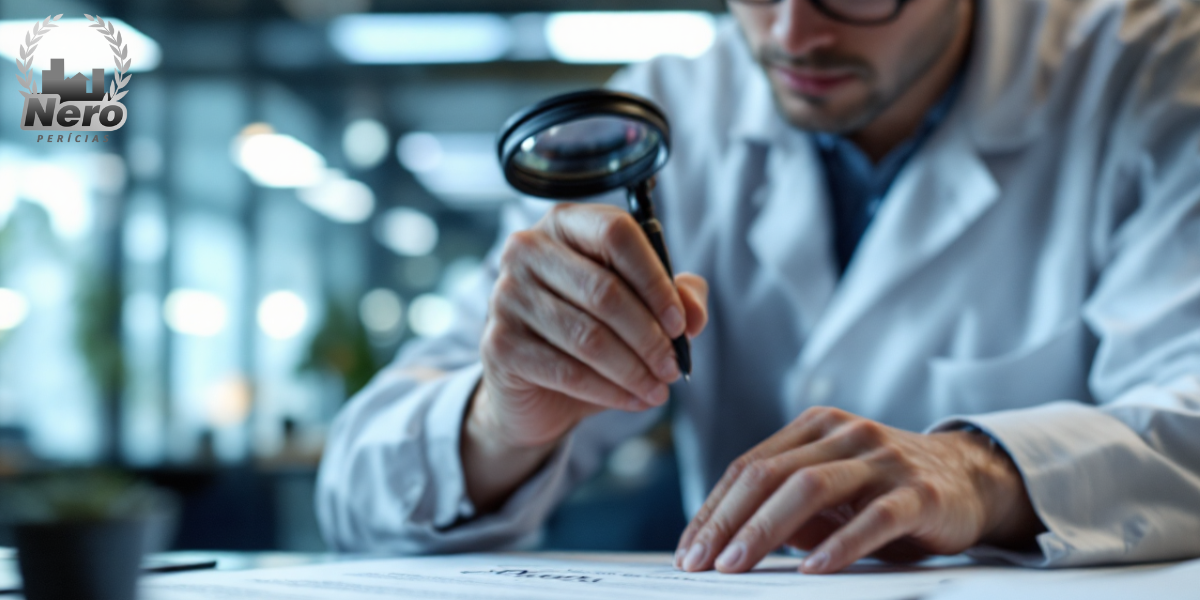Perito grafotécnico analisando assinatura em documento com lupa